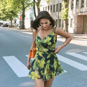 Zara Green Floral Print Tulle Short Dress